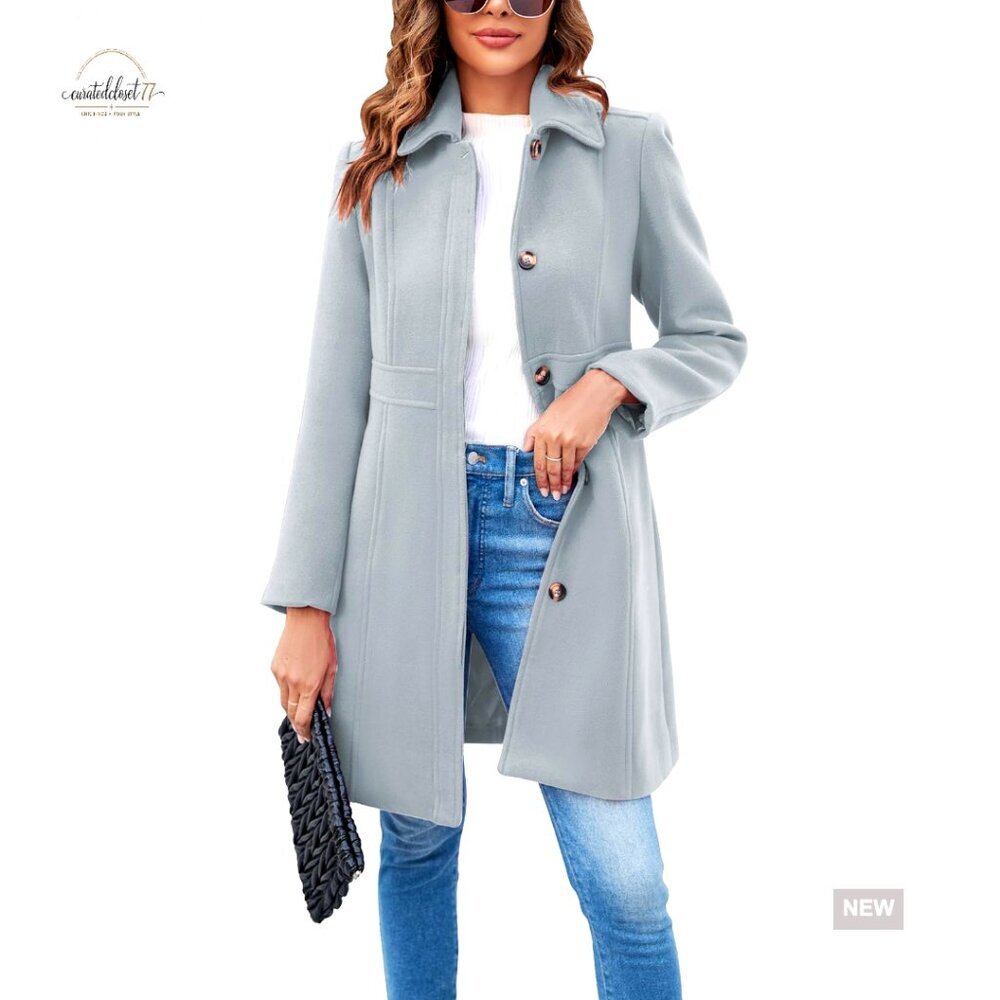 Elegant Single Breasted Pea Coat Long Sleeve Mid Winter Office Work Chic